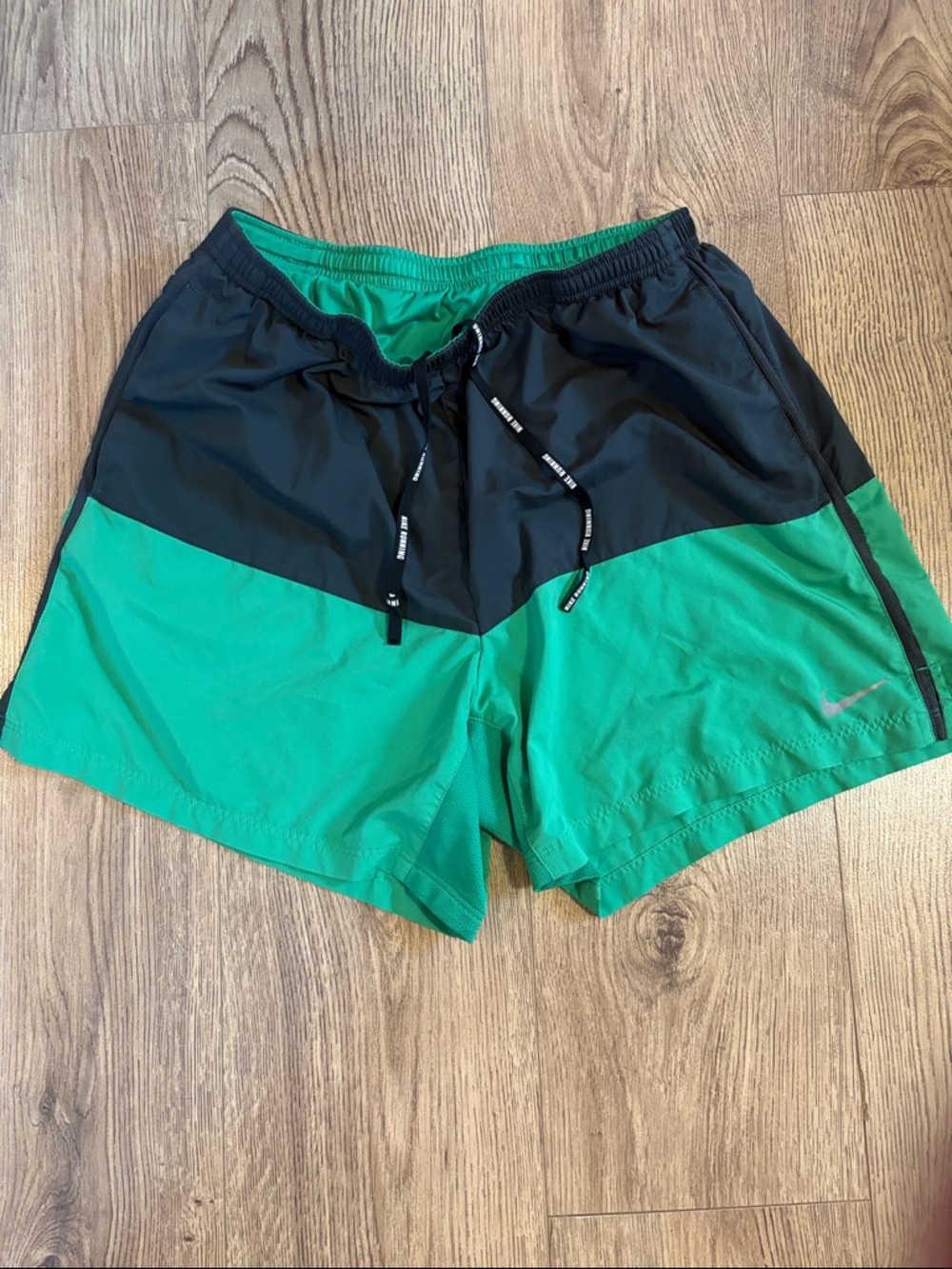 Nike Black and Green Running Shorts with Drawstring